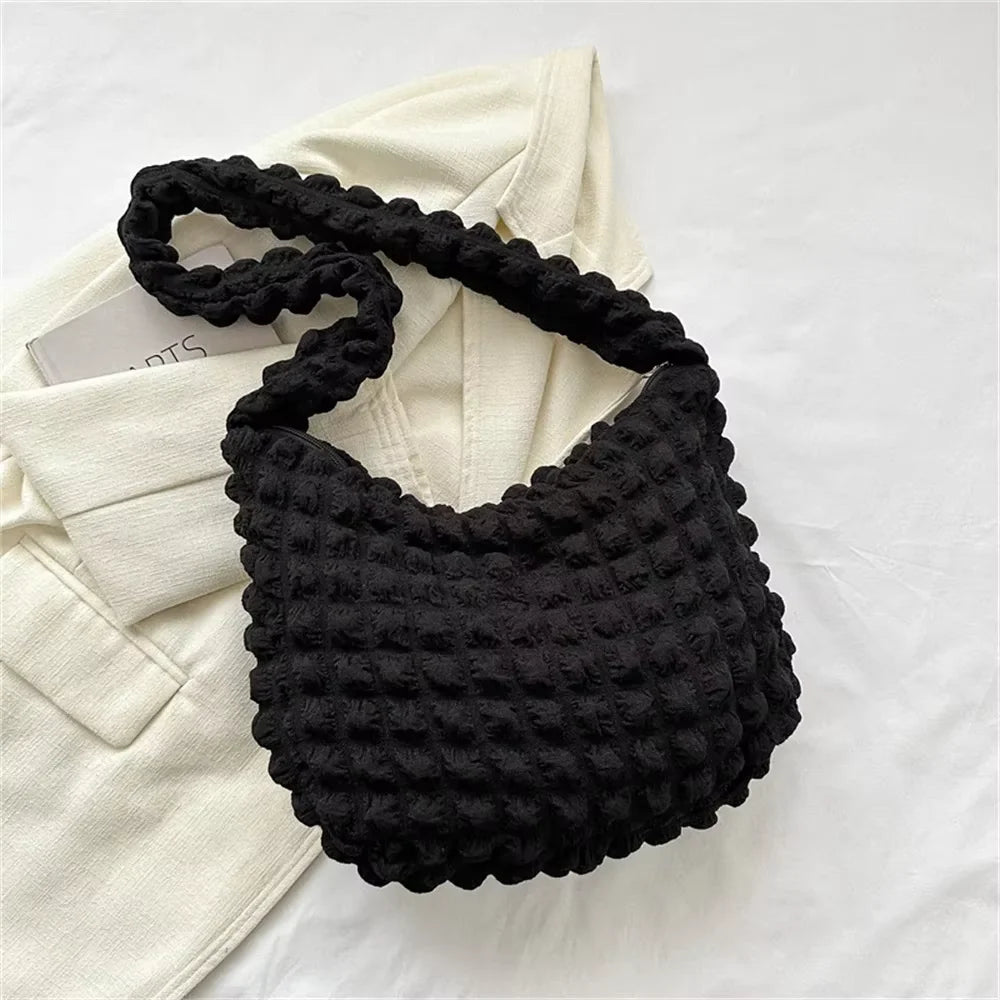 Homefish Crossbody Bag Pleated Design Embroidered Plaid Shoulder Underarm Bags Simple Large Capacity