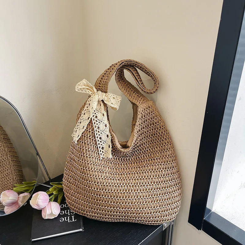 Homefish Women Woven Rattan Straw Tote Bag Large Capacity Summer Beach Shoulder Handbag Casual