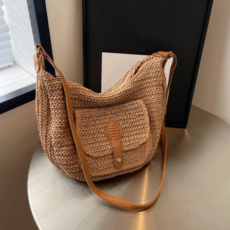 Woven Straw Crossbody Bag – Women's Summer Beach Shoulder Handbag