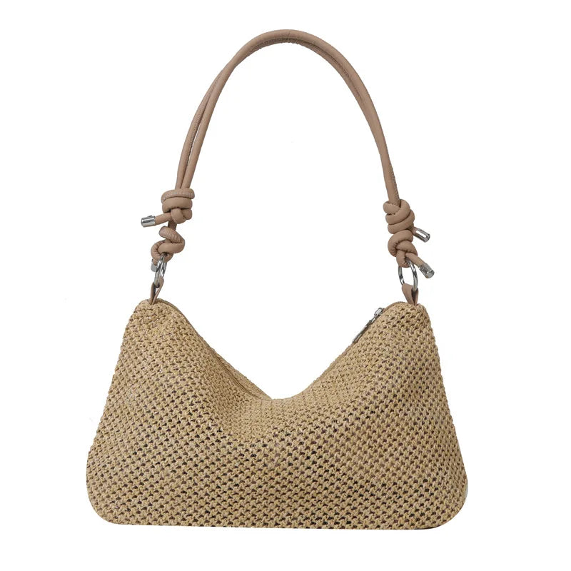 Straw Woven Shoulder Bag with Knotted Leather Handle