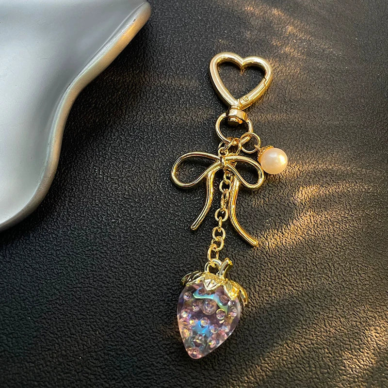 Strawberry Keychain Charm – Crystal Bow Heart Bag Pendant