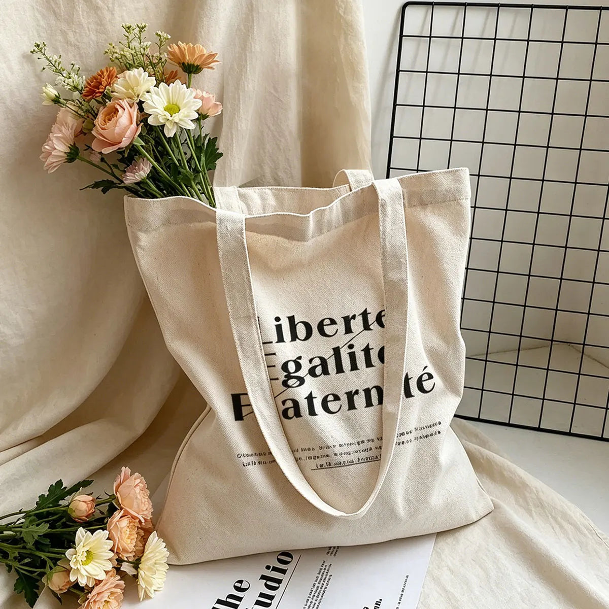 Casual Fashionable Letter Printed Canvas Handbag Large Capacity Single Shoulder Shopping Bag