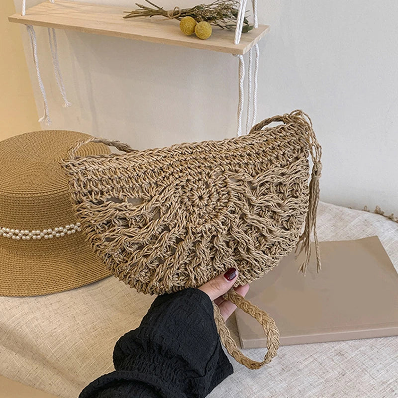 Moon Woven Straw Crossbody Bag – Boho Beach Handbag