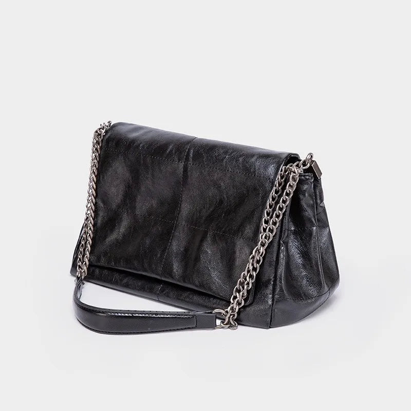 Classic Black Leather Chain Shoulder Bag Soft Flap Handbag Crossbody Bags Large Capacity Casual