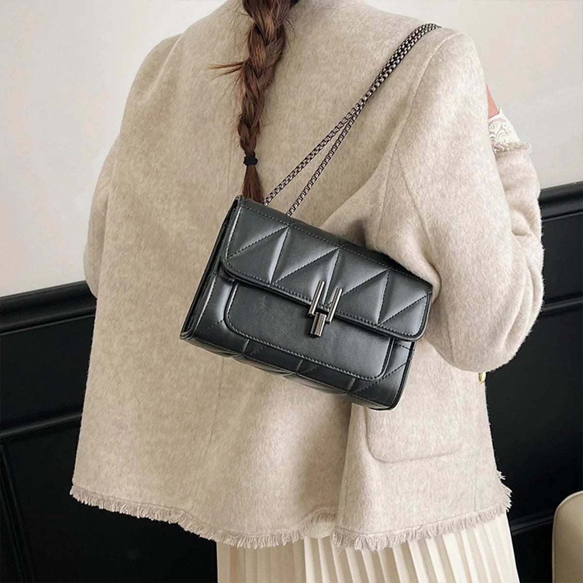 Luxury Fashionable Chain Bag Solid Color Pu Leather Women Crossbody Quilted Shoulder Daily Use