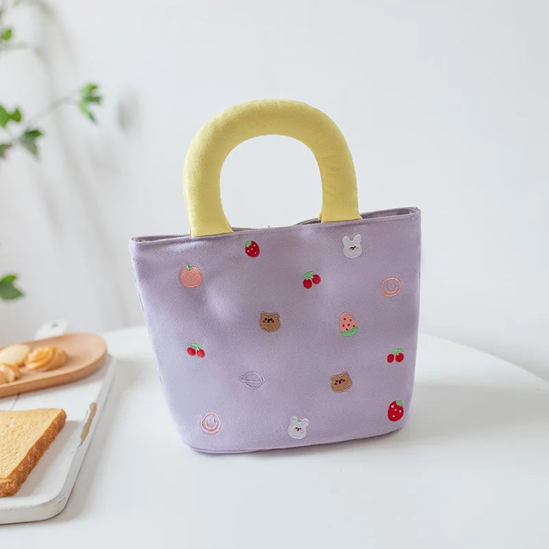Cute Canvas Mini Handbag with Fruit & Bear Print