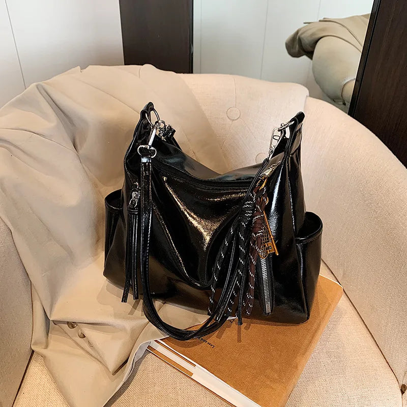 PU Leather Shoulder Bag with Side Pockets & Removable Charm
