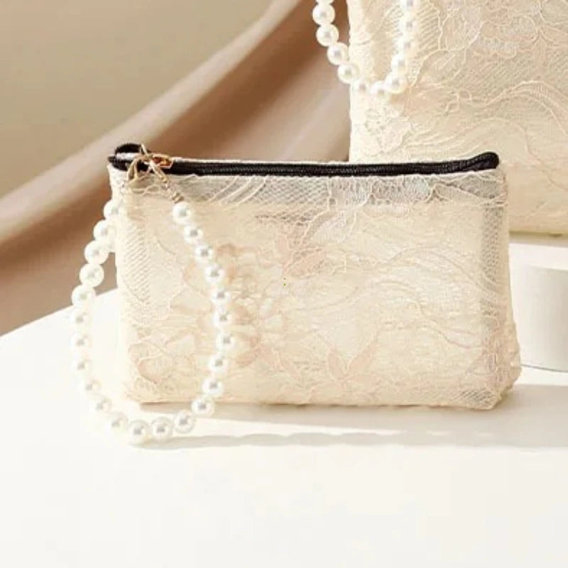 Sweet Cosmetic Pouch Imitation Pearl Chain Women Lace Small Makeup Bag Travel Organizer Coins
