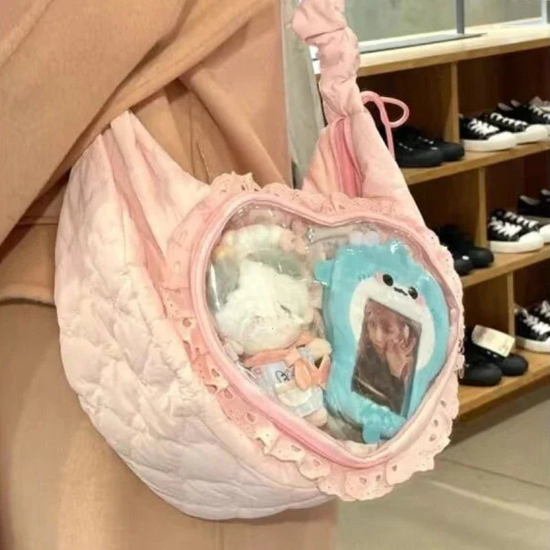 Pink Cute Womens Shoulder Bag Pleated Love Heart Lolita Jk Ita Drawstring Ballet Style Sweet Female
