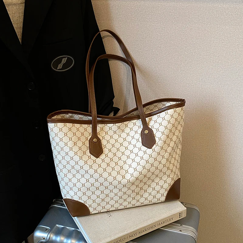 Classic Retro Ladies Tote Bag Geometric Shoulder Large Capacity Wear-Resistant Handbags Commute Work