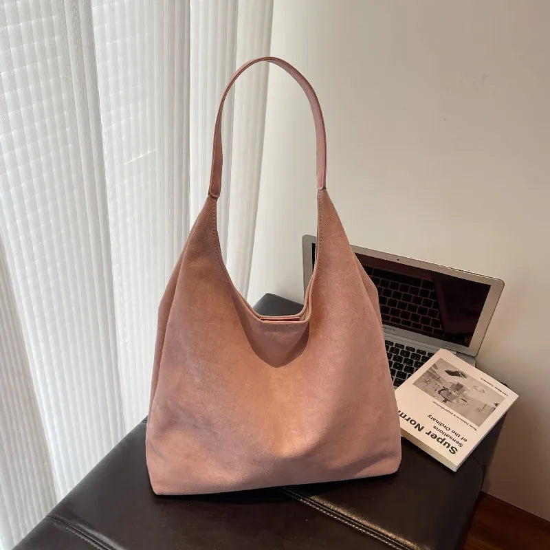 Faux Suede Tote Bag with Makeup Pouch – Large Capacity Women's Shoulder Bag
