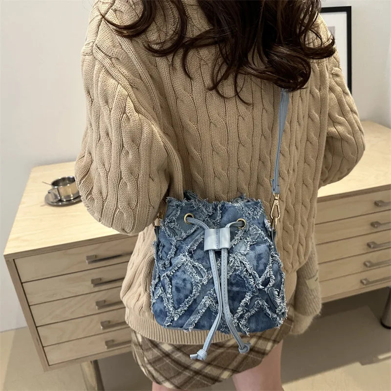 Denim Bucket Bag Women's Drawstring Crossbody Purse