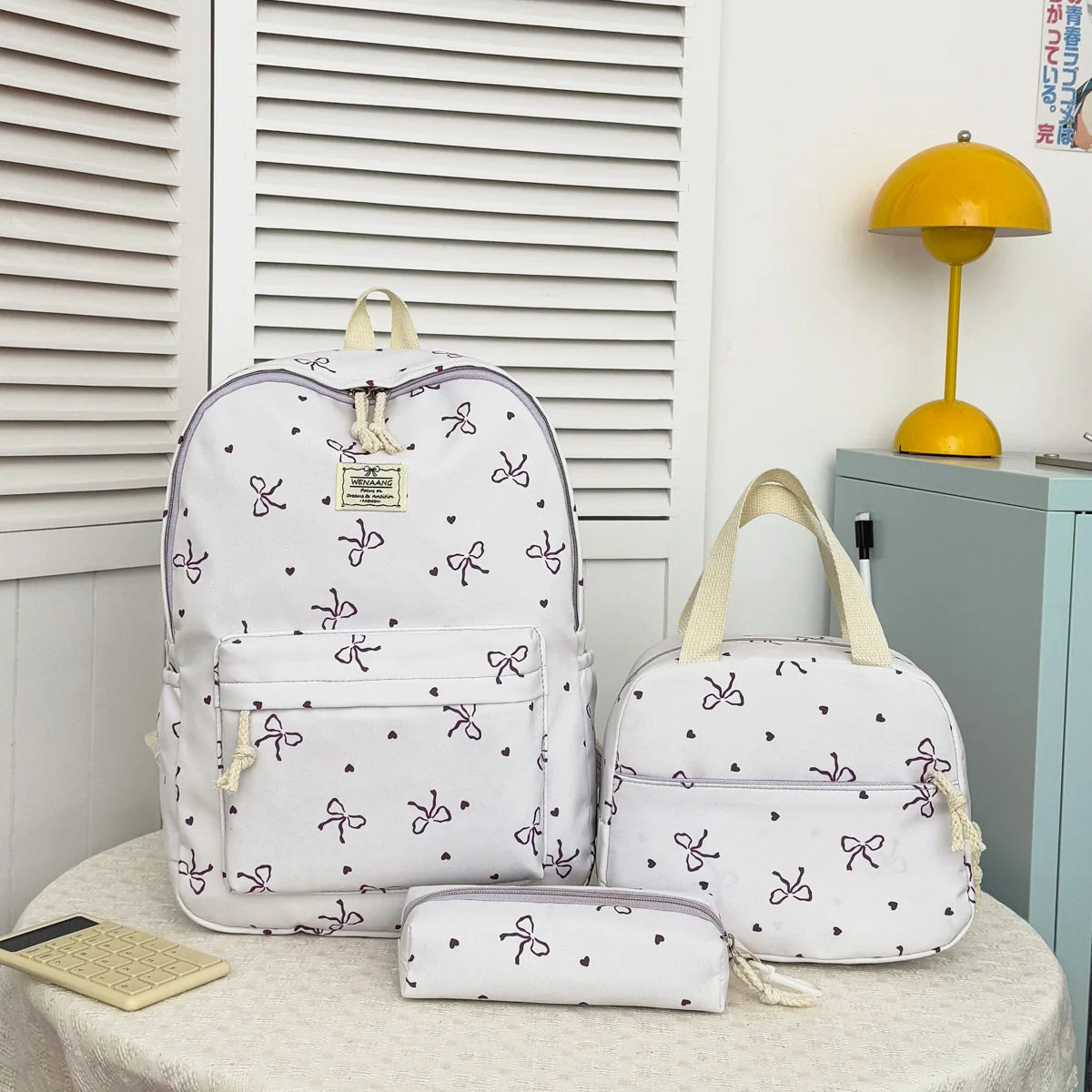Sweet Fresh Bow Print Three Piece Backpack Set Lightweight Large Capacity College Style Campus