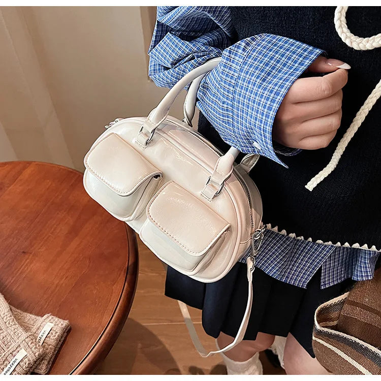 Women S Vintage Patent Leather Bowling Bag Multi-Pocket Handbag Detachable Shoulder Strap