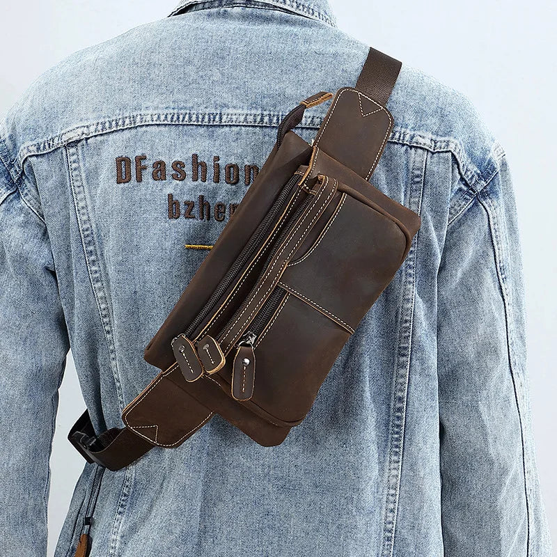 Chest Bag Retro Men S Leather Waist Outdoor Sports Cowhide Satchel Scooter Multi-Function Waterproof