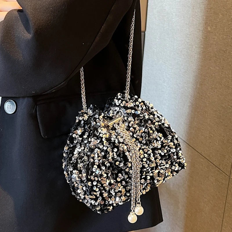 Silver Sequin Mini Pouch Crossbody Bags Pearl Drop Drawstring