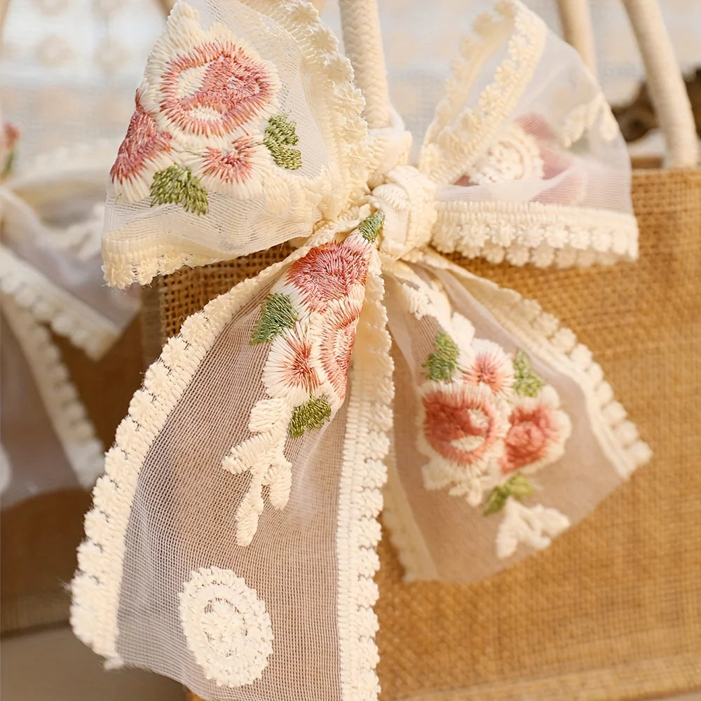 Burlap Jute Tote Bag with Lace Ribbon – Reusable Gift & Shopping Bag