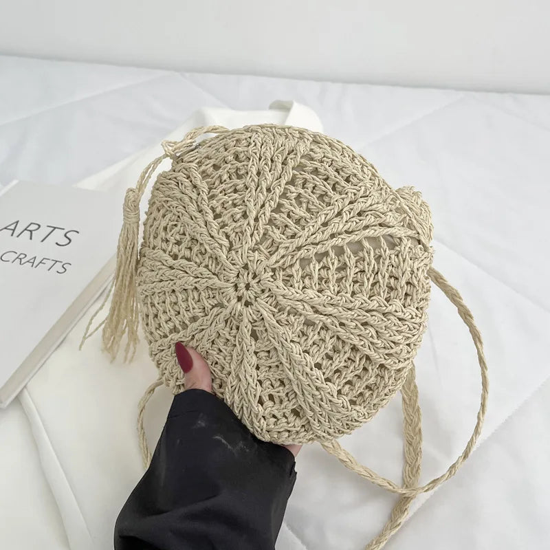 Rattan Woven Crossbody Bag – Handmade Straw Shoulder Bag with Tassel