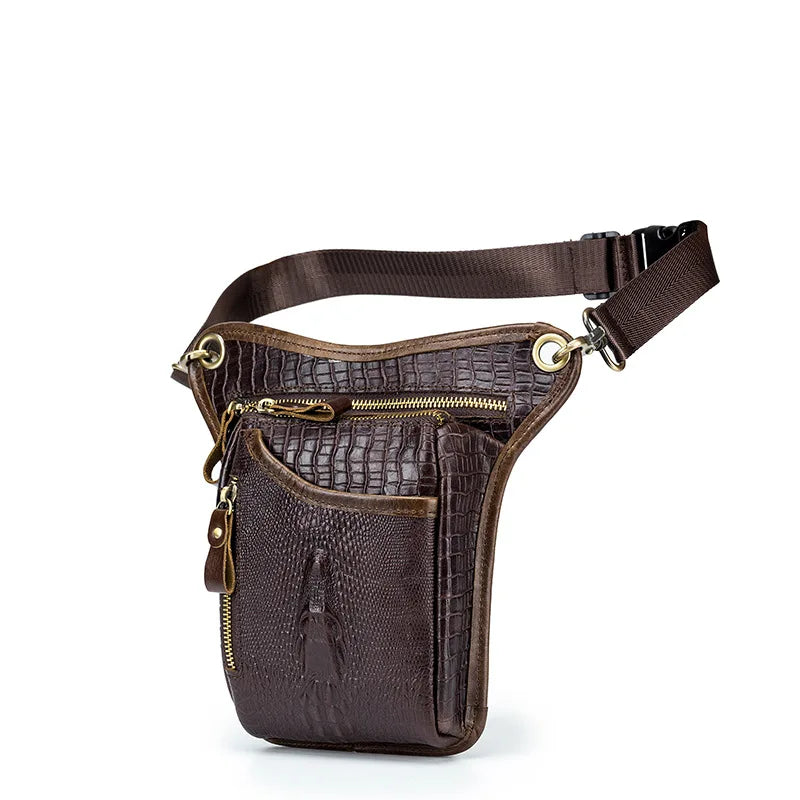 Cowhide Men S Motorcycle Leg Bag Retro Crocodile Pattern Real Leather Motorcycle Riding Waist Strap