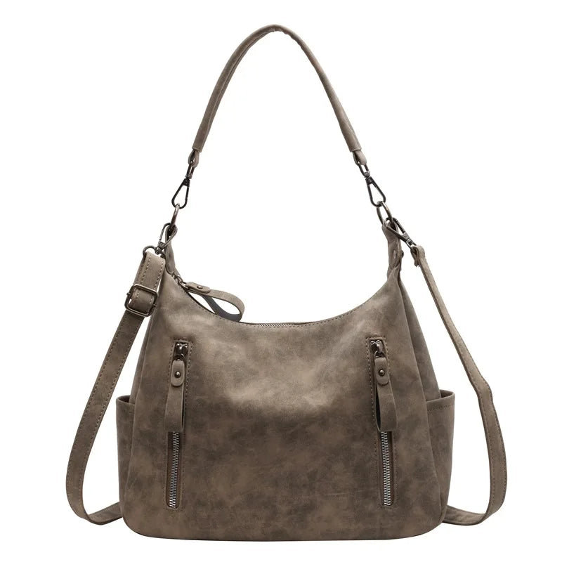 Soft Leather Hobo Bag – Multi-Zipper Shoulder & Crossbody Tote