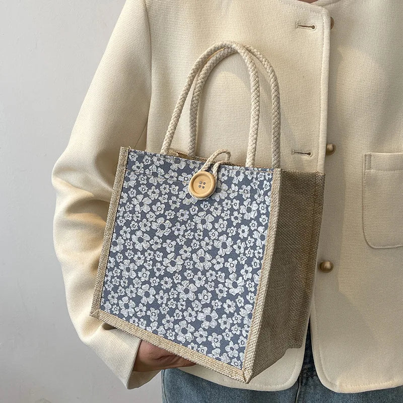 Women's Canvas Tote Bag – Floral Minimalist Handbag with Button Closure