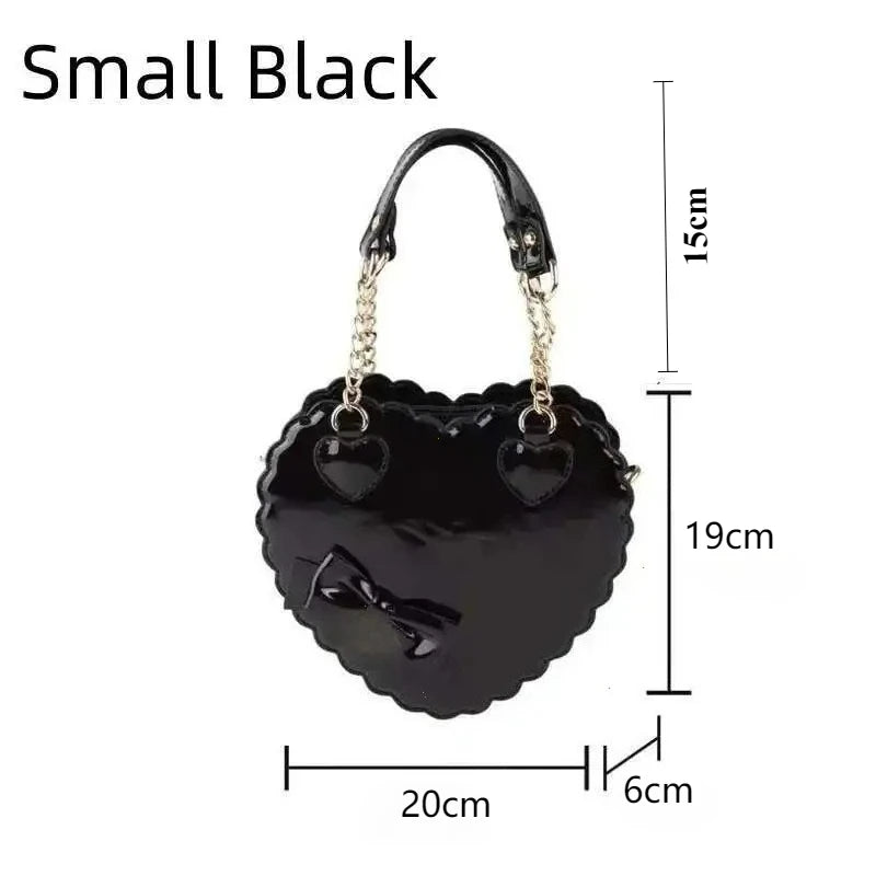 Pu Heart Lolita Handbags Girls Bowknots Decor Japanese Shoulder Bags Two Sized Kawaii Shell Purses