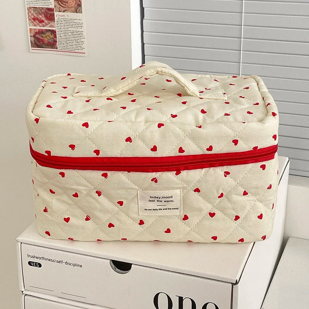Ins Heart Women Quilting Makeup Bag Large Capacity Toiletry Cosmetic Storage Pouch Handbag Ladies