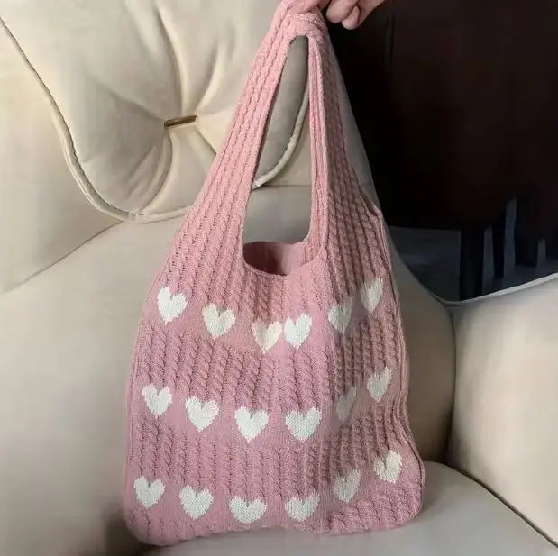 Knitted Heart Tote Bag – Women's Handmade Shoulder Bag