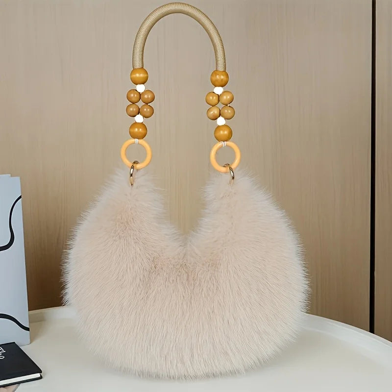 Fluffy Faux Fur Tote Bag with Wooden Bead Handle