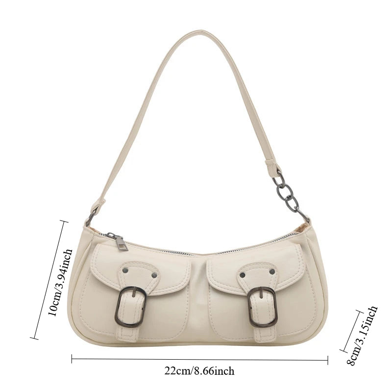 Small Double Pocket Pu Leather Women S Shoulder Bag Design Ladies Underarm Bags Y2k Vintage Female
