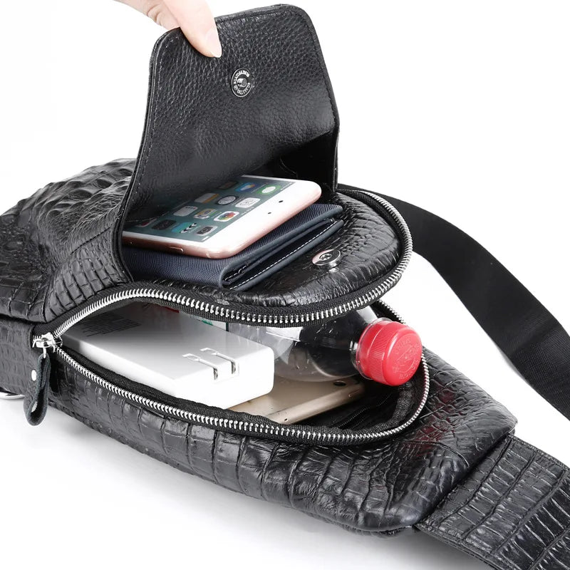 Men S Large Capacity Leather Breast Bag Head Layer Shoulder Oblique Cross Chest Crocodile