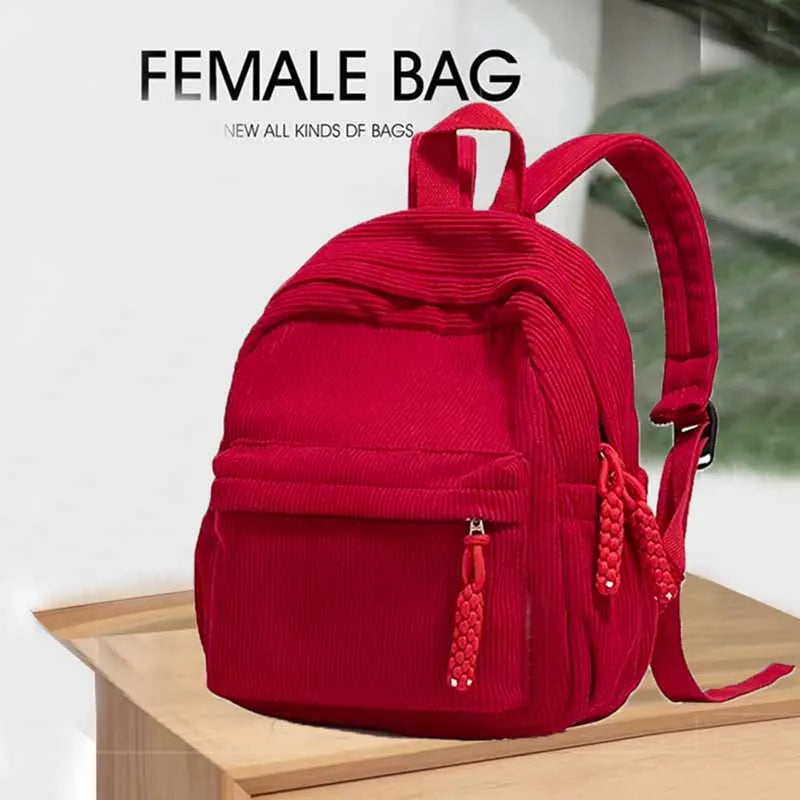 Daily Soft Corduroy Small Backpack Drawstring Decor Design - Soft