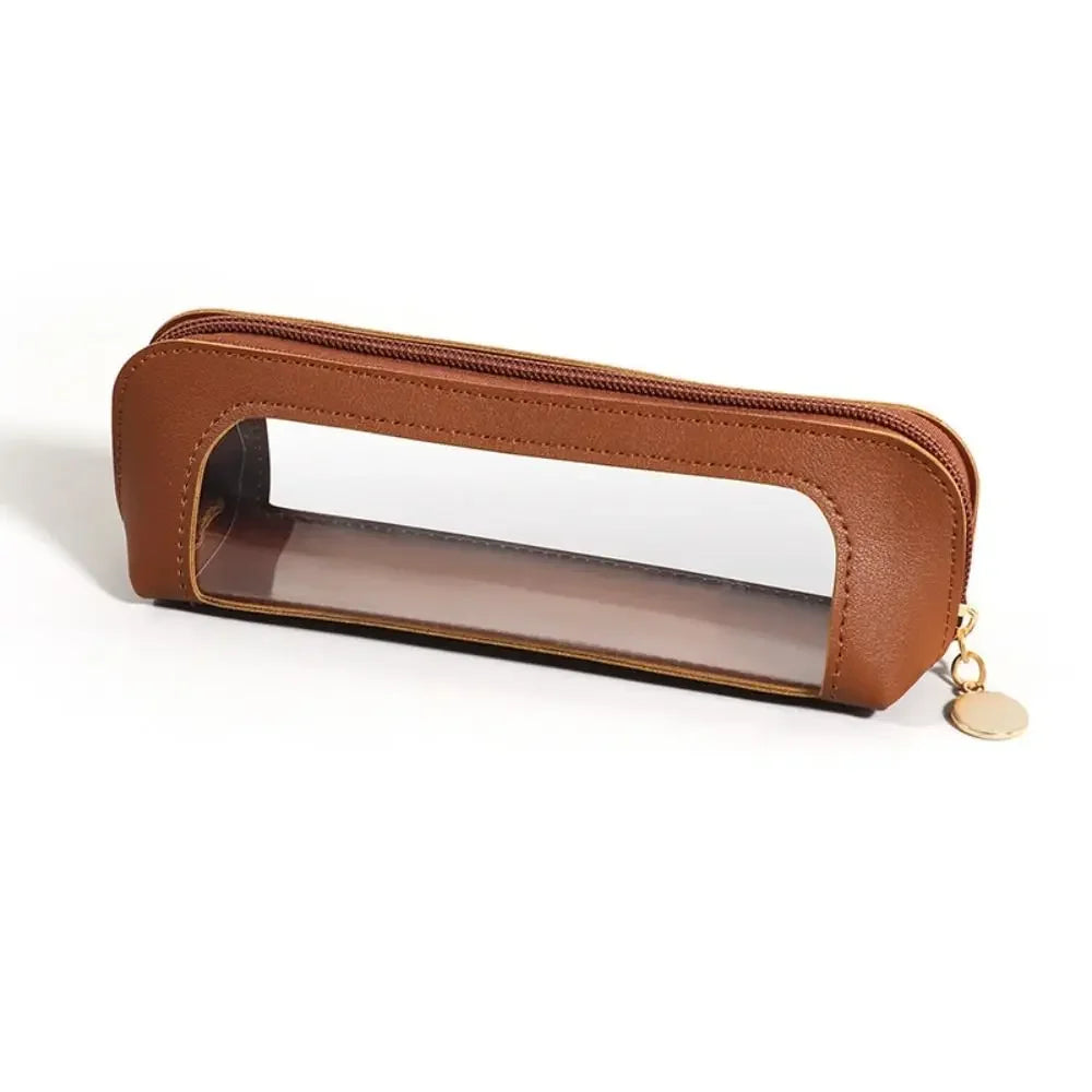 Pu Pencil Case Portable Waterproof Transparent Cosmetic Bag Zipper Makeup Brush Storage Sundries