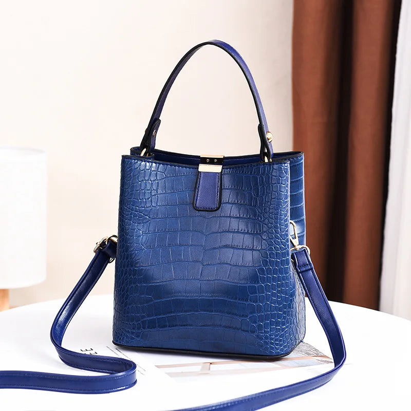Crocodile Leather Bucket Bag – Large Capacity Shoulder & Crossbody Tote