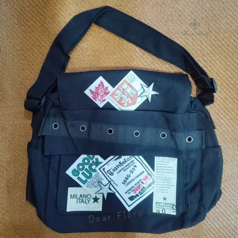 Y2K Canvas Messenger Bag – Punk Patchwork Star Crossbody Bag