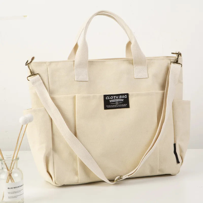 Canvas Multi-Pocket Tote Bag – Large Handbag with Detachable Strap