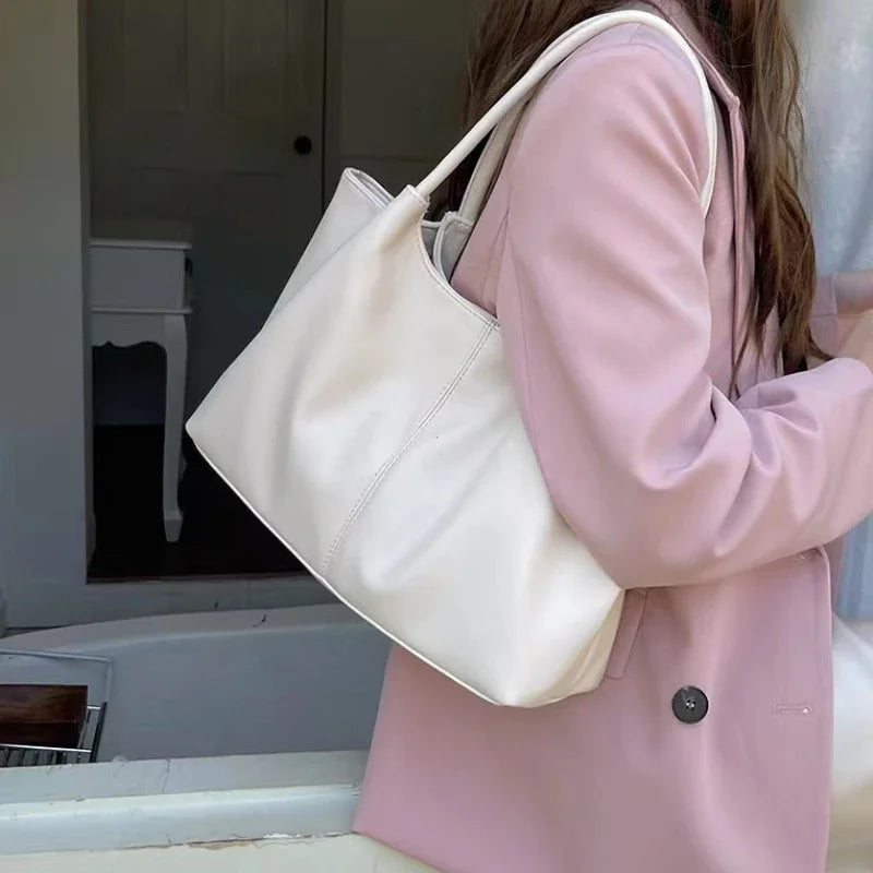Simple White Shoulder Bag Women S Pu Leather Soft Underarm Tote School Large Capacity Full Student