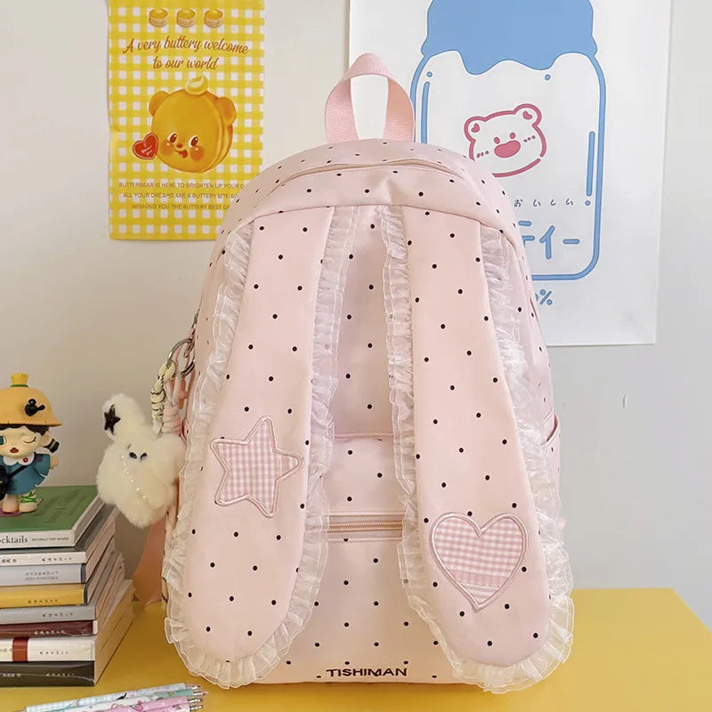 Lightweight Nylon Fabric Polka Dot Rabbit Ear Backpack - Soft