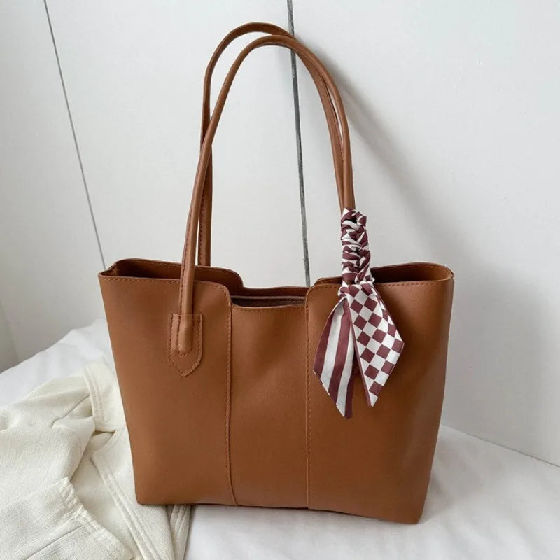 Large Faux Leather Tote Bag – Work Shoulder Purse with Scarf Detail