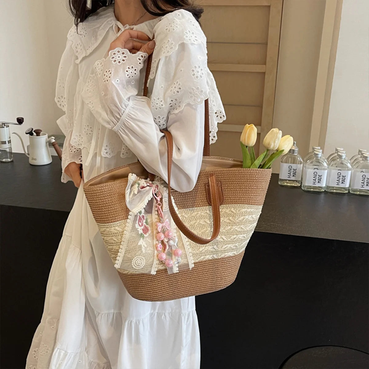 Sweet Girl Vacation Tote Bag Lace Bow Charm Colorblock Woven Straw Shoulder Large Capacity