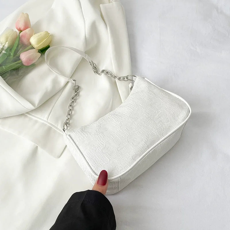 Floral Jacquard Underarm Bag – Silver Chain Shoulder Purse