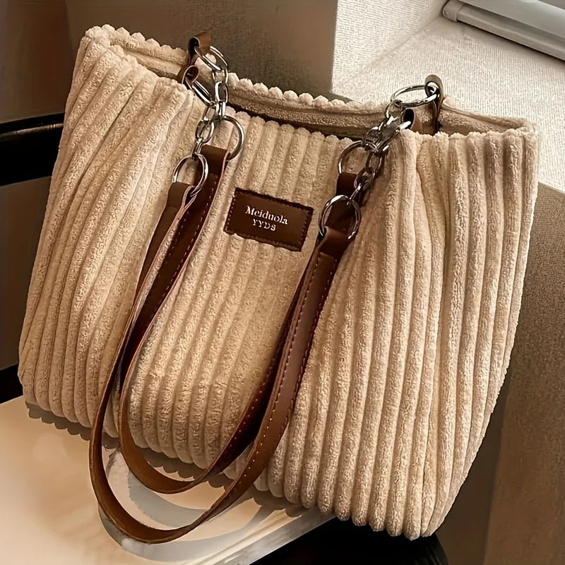 Corduroy Tote Bag with Chain Strap – Large Shoulder Bag