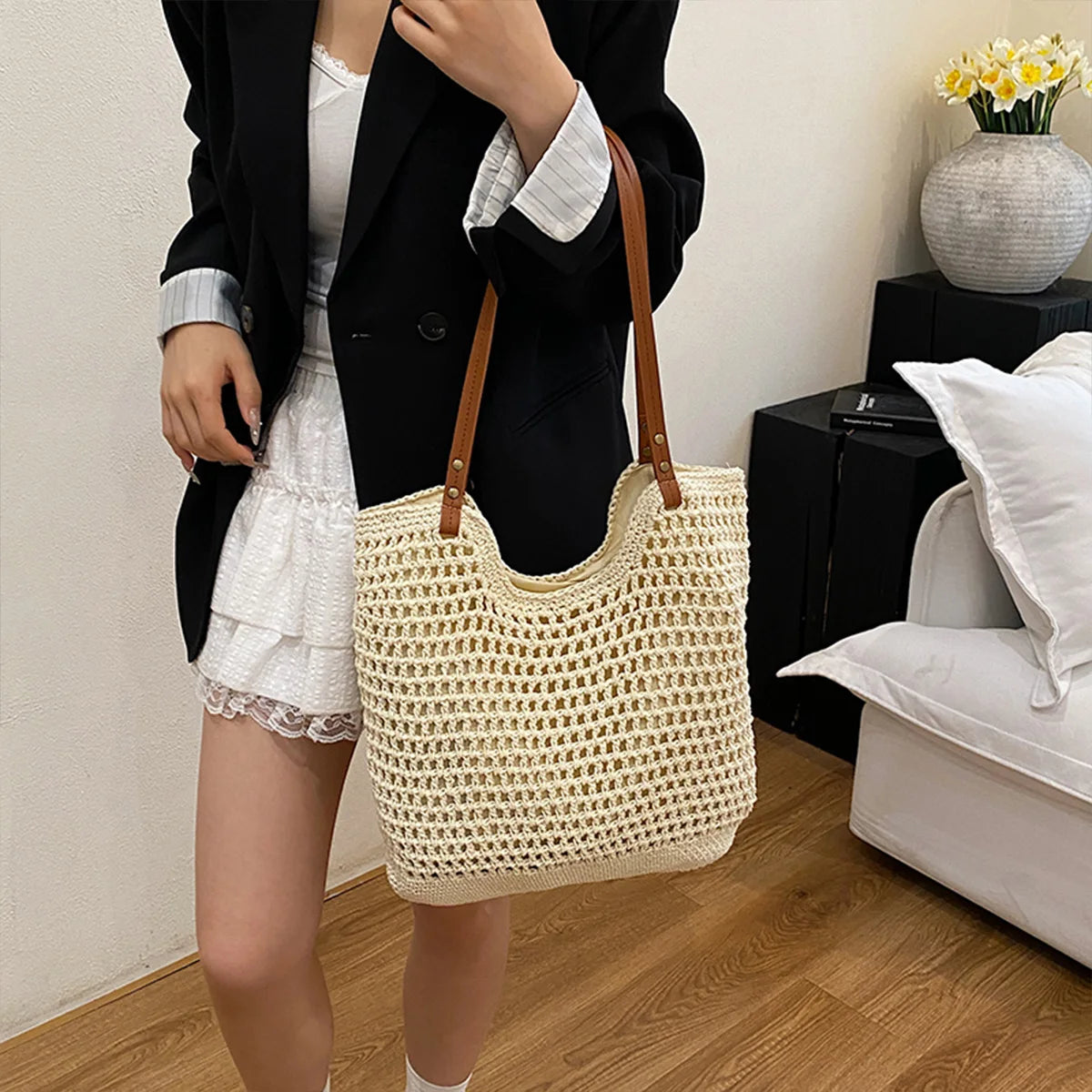 Fresh Vacation Women Tote Bag Open Weave Lightweight Soft Shoulder Large Capacity Breathable Handbag