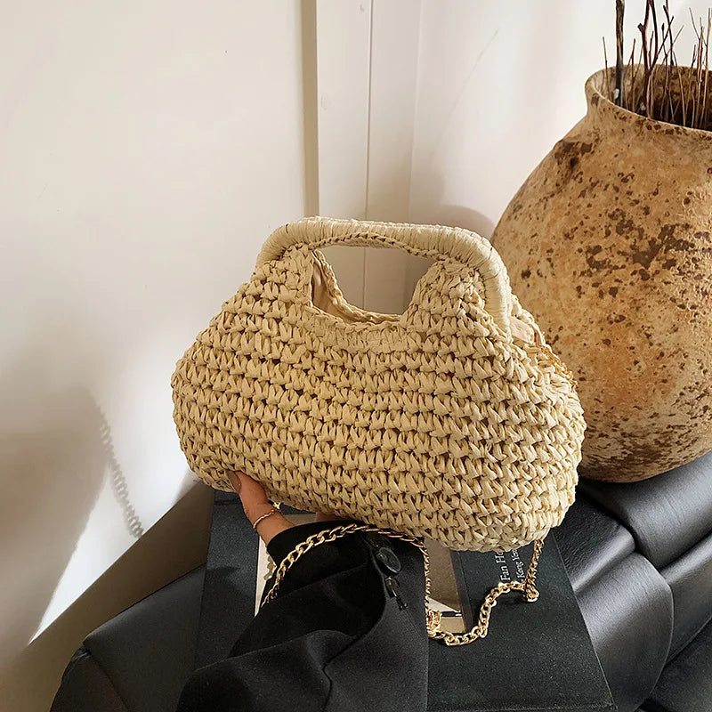 Straw Woven Clutch Bag with Chain Strap – Women's Beach Handbag