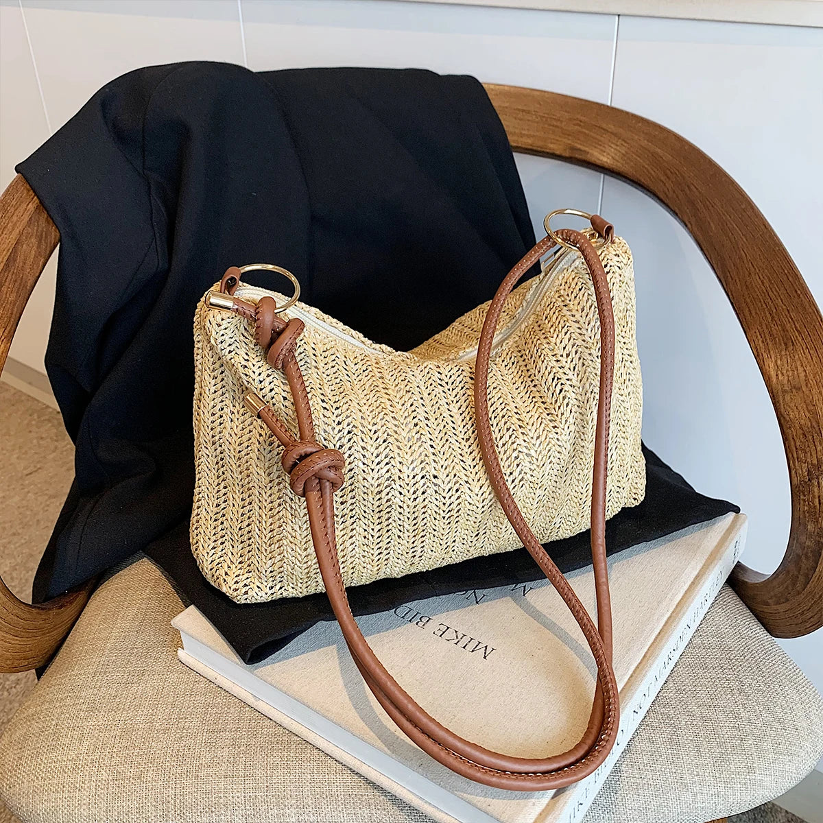 Women S Striped Woven Straw Tote Bag - Lightweight Large Capacity Detachable Coin Purse Zip Closure