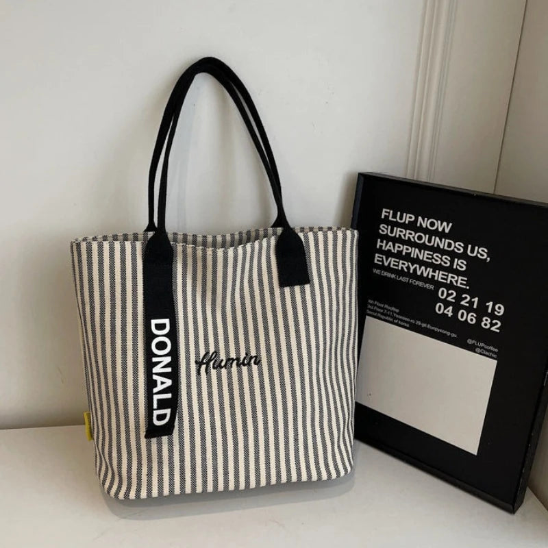 Striped Canvas Tote Bag – Large Capacity Women's Shoulder Shopper