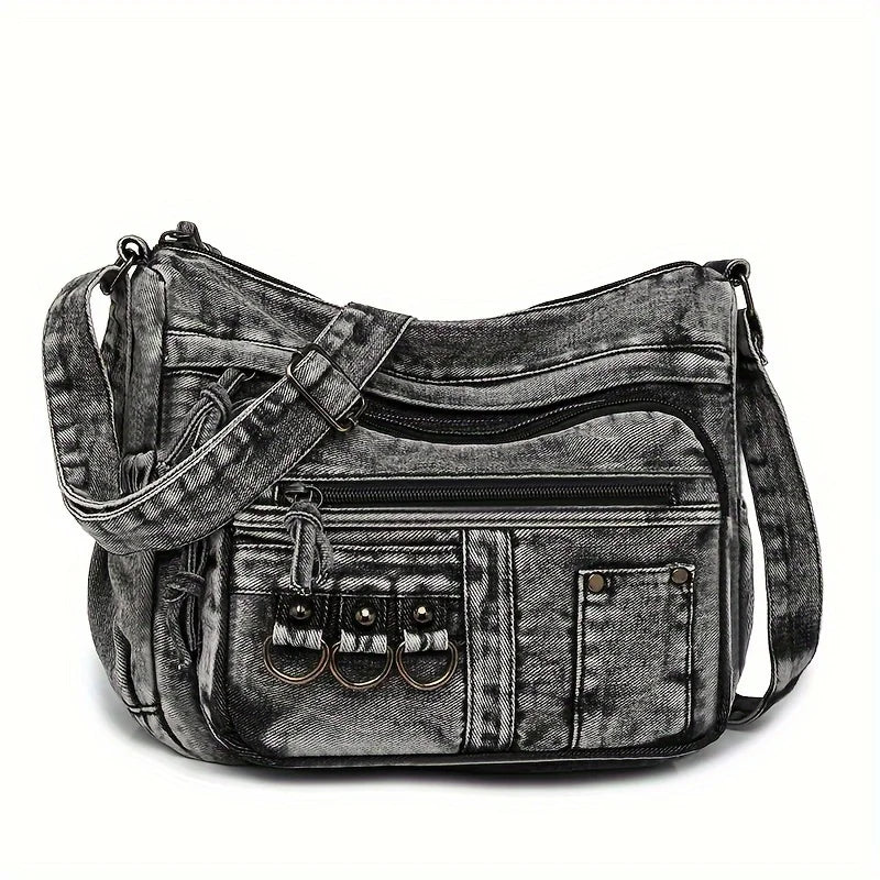 Denim Shoulder Bag for Women – Vintage Washed Multi-Pocket Crossbody