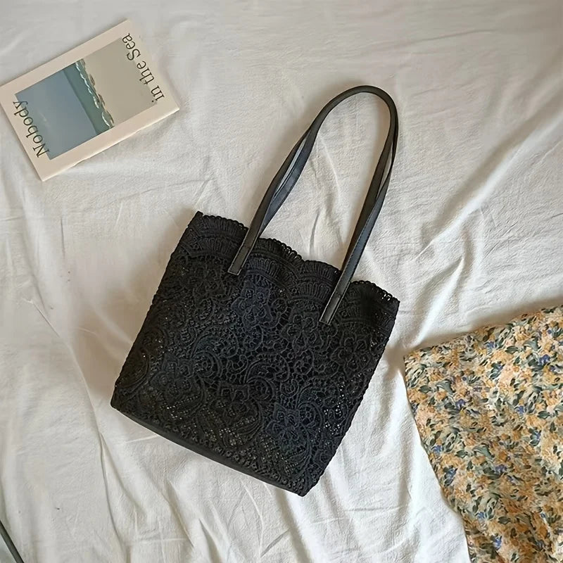 Floral Lace Tote Bag with Leather Handles & Magnetic Closure