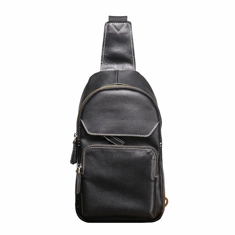Men S Genuine Leather Chest Bag Casual Sports Crossbody Single-Shoulder Backpack Large-Capacity