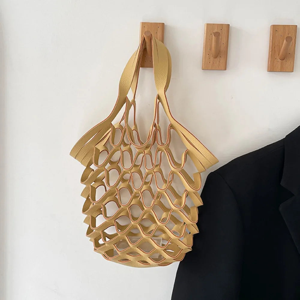 Large Capacity Pu Leather Folding Tote Bag Simple Woven Handbag Foldable Mesh Beach